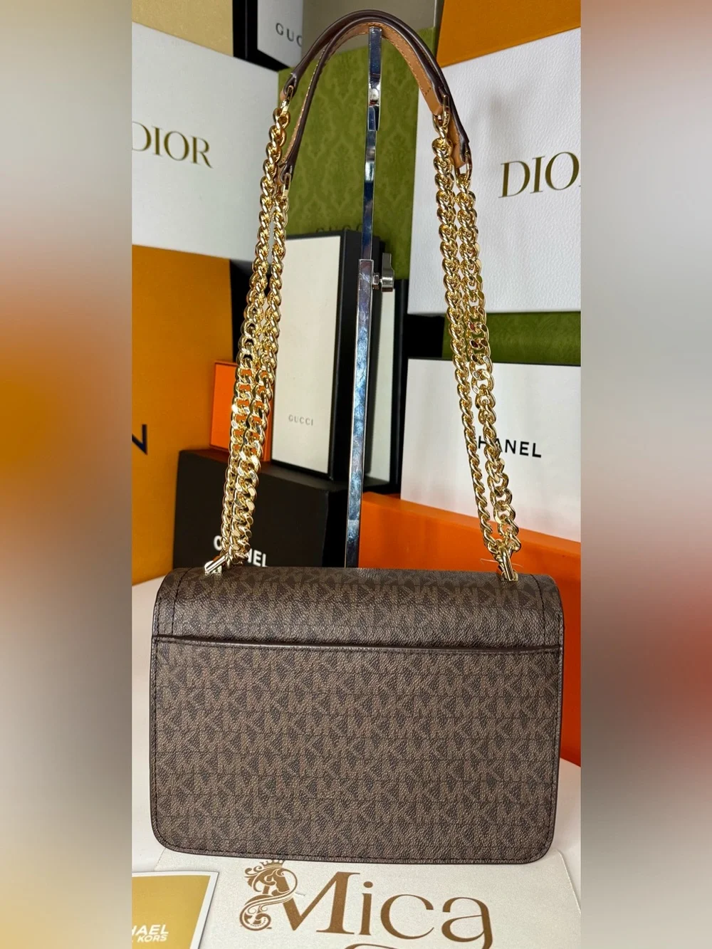 🆕MICHAEL KORS Ladies Heather Extra-Small Logo Leather Crossbody Bag Brown/Acorn